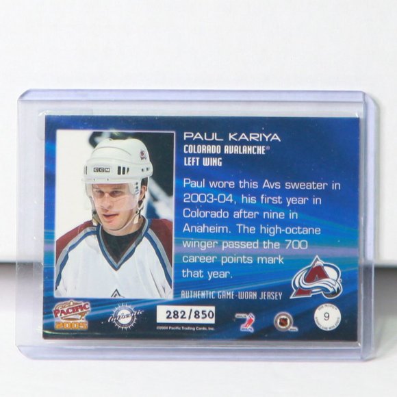 Paul Kariya Pacific Game Worn Jersey Hockey Card 2005 Colorado Avalanche 282/850 - Picture 2 of 2
